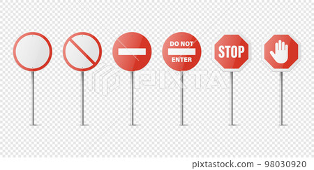 Vector White and Red Glossy Prohibition Stop Signs - Warning, Danger Sign Frame Icon Set Isolated. Dangerous Plates Collection. Design Template of Road Sign 98030920