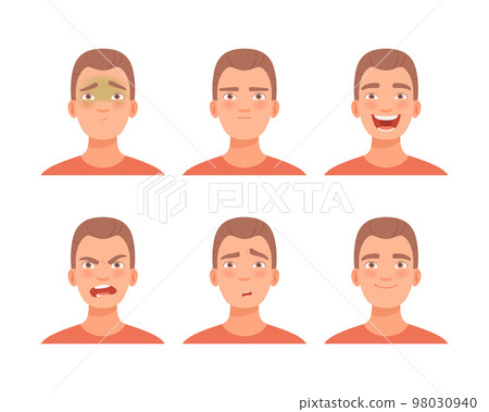 Face expressions of young man set. Male character with sceptic, angry, happy, upset, cheerful face cartoon vector illustration Face expressions of young man set. Male character with sceptic, angry, happy, upset, cheerful face cartoon vector illustration 98030940