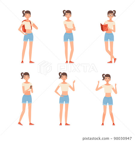 Emotional young woman showing different emotions and gesturing set vector illustration 98030947