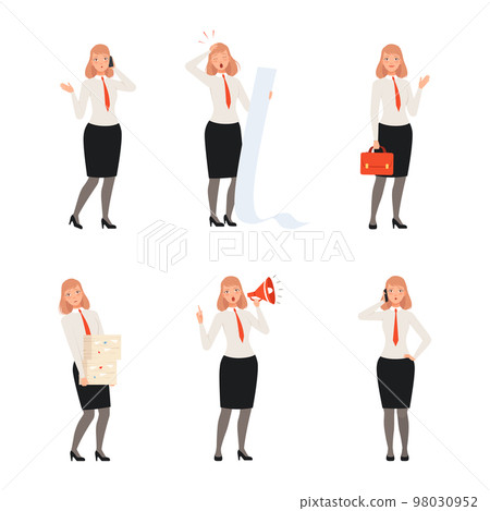 Set of businesswoman taking part in business activities. Office employee shouting at loudspeaker, talking on phone, carrying heavy stak of documents cartoon vector Set of businesswoman taking part in business activities. Office employee shouting at loudspeaker, talking on phone, carrying heavy stak of documents cartoon vector 98030952