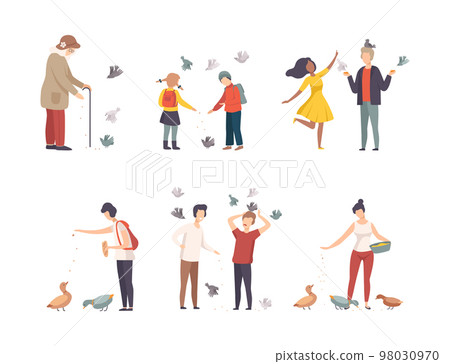 Different people feeding pigeons and ducks while walking in park set cartoon vector illustration 98030970