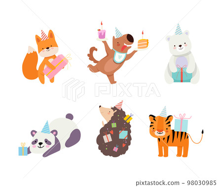 Set of cute adorable animals celebrating birthday set. Amusing fox, puppy, bear, panda, hedgehog, tiger at party hats holding gifts cartoon vector illustration Set of cute adorable animals celebrating birthday set. Amusing fox, puppy, bear, panda, hedgehog, tiger at party hats holding gifts cartoon vector illustration 98030985