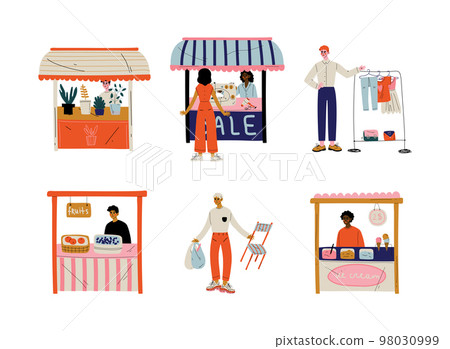 People selling and shopping at walking street set. Summer fair. Market stalls with sellers cartoon vector illustration 98030999
