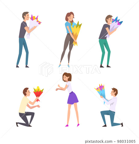 Men giving women bouquet of flowers set. Romantic couples having date and making proposal cartoon vector illustration 98031005