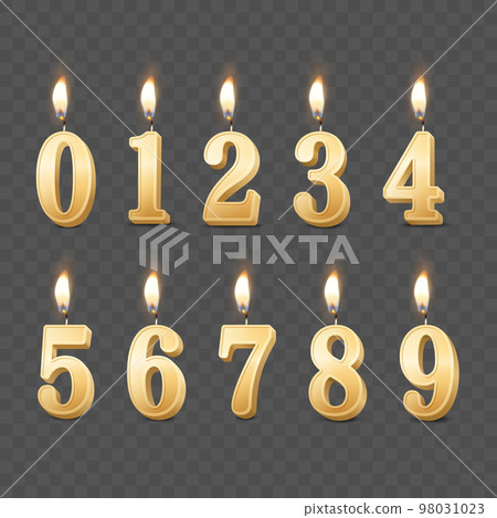 Vector 3d Realistic Paraffin or Wax Burning Yellow Golden Birthday Party Candles, Numbers and Different Flame of a Candle Icon Set Isolated. Design Template, Clipart, Birthday Concept. Front View Vector 3d Realistic Paraffin or Wax Burning Yellow Golden Birthday Party Candles, Numbers and Different Flame of a Candle Icon Set Isolated. Design Template, Clipart, Birthday Concept. Front View 98031023