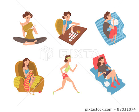 Set of young women performing leisure activities and doing hobbies. Girl reading fortunes on cards, embroidering, resting, knitting, doing sports cartoon vector Set of young women performing leisure activities and doing hobbies. Girl reading fortunes on cards, embroidering, resting, knitting, doing sports cartoon vector 98031074