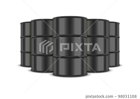 Vector 3d Realistic Five Black Barrels, Hazard Liquid. Caution Barrel, Radioactive, Hazardous Chemical Materials, Toxic Pollution, Many Danger Barrels, Set Closeup Isolated. Front View 98031108