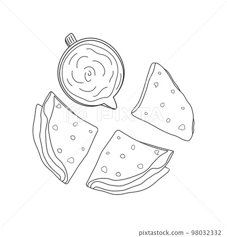 Corn tortillas folded in a triangle with sauce in a gravy boat. Line art. Traditional Latin American food Corn tortillas folded in a triangle with sauce in a gravy boat. Line art. Traditional Latin American food 98032332