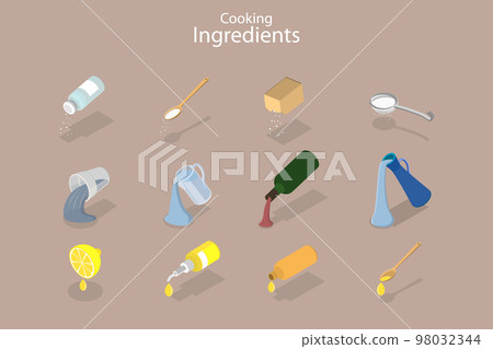3D Isometric Flat Vector Conceptual Illustration of Cooking Ingredients 3D Isometric Flat Vector Conceptual Illustration of Cooking Ingredients 98032344