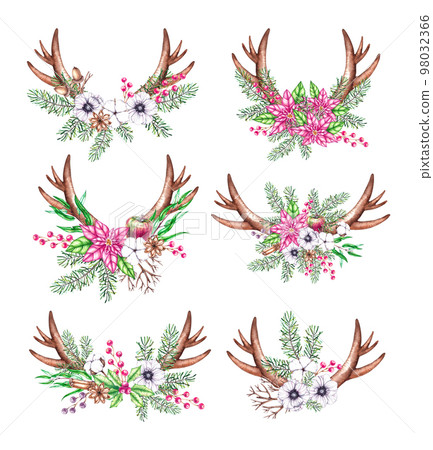 Watercolor set of Christmas horns with needles and flowers on a white background Watercolor set of Christmas horns with needles and flowers on a white background 98032366