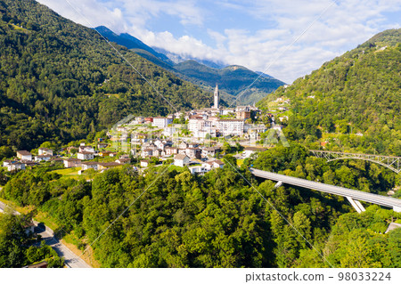 Aerial view of Swiss hamlet of Intragna in Alps in summertime 98033224