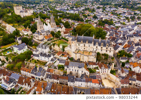Flight over the city Loches and the Royal castle Loches on summer day 98033244