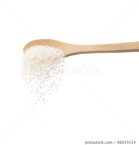 Sago seeds falling down from wooden spoon, white grain wave floating, Abstract fly splash in air. White Sago seeds is material food. White background Isolated high speed shutter, freeze stop motion Sago seeds falling down from wooden spoon, white grain wave floating, Abstract fly splash in air. White Sago seeds is material food. White background Isolated high speed shutter, freeze stop motion 98033514