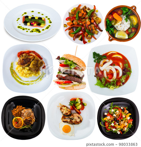 Collage of different meals isolated Collage of different meals isolated 98033863