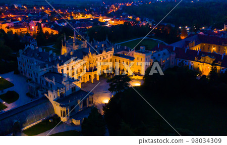 View from drone of Lednice Palace at twilight, Czech Republic 98034309