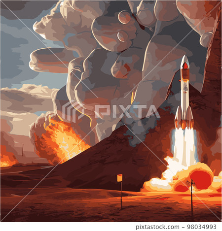 The outer space launch system takes off. Vector illustration , astronomy, space exploration, colonization of Mars. Space adventure. First colonies. Terraforming. Modern flat design. The outer space launch system takes off. Vector illustration , astronomy, space exploration, colonization of Mars. Space adventure. First colonies. Terraforming. Modern flat design. 98034993