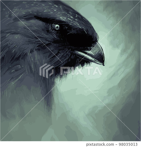 portrait Mystical Dire Bird Crow, Symbol of Gothic, Halloween, fear, by black crows terrible foggy forest. SET vector illustration. Unconditional wild animals drawings crows black silhouette 98035013