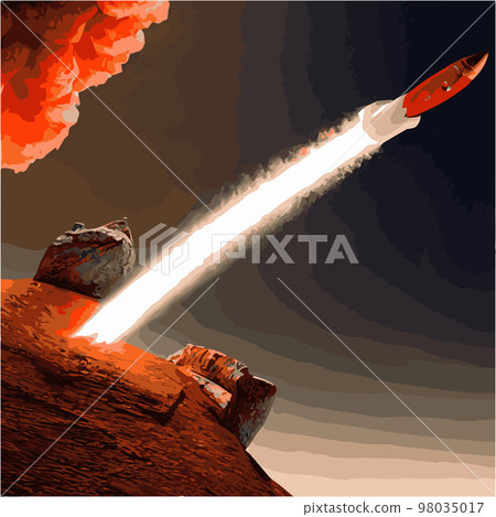 The outer space launch system takes off. Vector illustration , astronomy, space exploration, colonization of Mars. Space adventure. First colonies. Terraforming. Modern flat design. 98035017