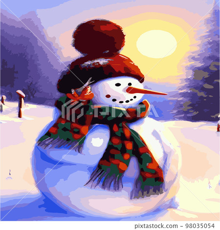 Vector illustration of a winter Christmas snowman with gifts, Christmas snow background. Christmas card with funny snowman in Santa Cap with gift boxes against winter forest 98035054