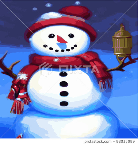 Vector illustration of a winter Christmas snowman with gifts, Christmas snow background. Christmas card with funny snowman in Santa Cap with gift boxes against winter forest Vector illustration of a winter Christmas snowman with gifts, Christmas snow background. Christmas card with funny snowman in Santa Cap with gift boxes against winter forest 98035099