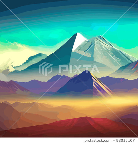 brightly colored mountain ranges. Beautiful landscape, foggy fog mountain slopes. Abstract gradient, vector illustration. geometric, colorful abstract shapes  98035107