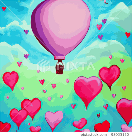 Valentines red heart balloons vector design with floating love on blue sky background Valentine's Day. Vector illustration. balloon in the shape heart, about small hearts around. Vector illustration  Valentines red heart balloons vector design with floating love on blue sky background Valentine's Day. Vector illustration. balloon in the shape heart, about small hearts around. Vector illustration  98035120