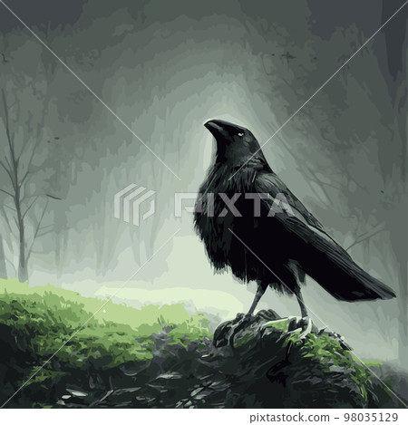 portrait Mystical Dire Bird Crow, Symbol of Gothic, Halloween, fear, by black crows terrible foggy forest. SET vector illustration. Unconditional wild animals drawings crows black silhouette 98035129