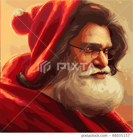 Santa Claus Head with face, beard and hat. Christmas character cartoon vector illustration, Hat, beard, mustache, glasses, eyebrows. Portrait of a happy Santa Claus 98035157