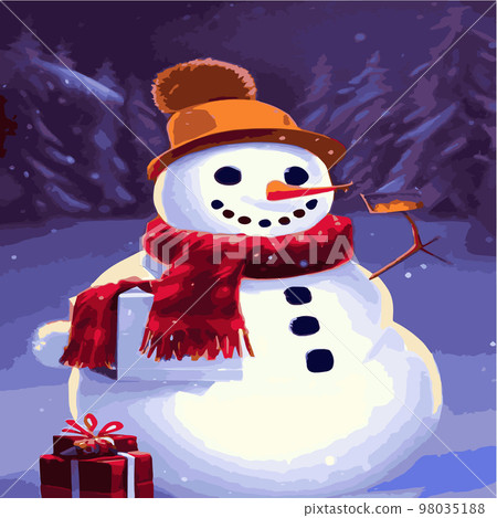 Vector illustration of a winter Christmas snowman with gifts, Christmas snow background. Christmas card with funny snowman in Santa Cap with gift boxes against winter forest 98035188