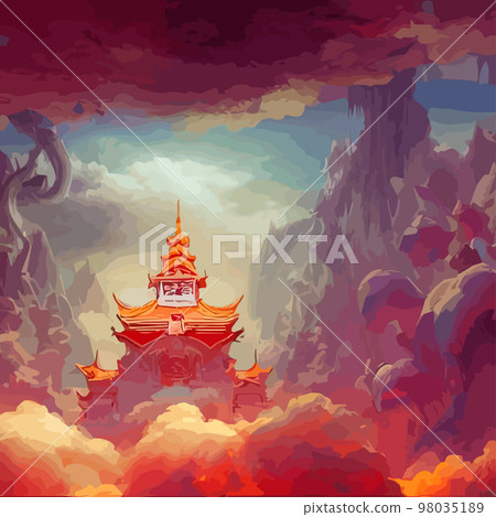 Creative illustration and innovative art: Ancient Chinese Temple in the clouds on a rocky mountain. background for a holiday card 98035189