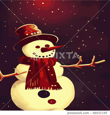 Vector illustration of a winter Christmas snowman with gifts, Christmas snow background. Christmas card with funny snowman in Santa Cap with gift boxes against winter forest Vector illustration of a winter Christmas snowman with gifts, Christmas snow background. Christmas card with funny snowman in Santa Cap with gift boxes against winter forest 98035195