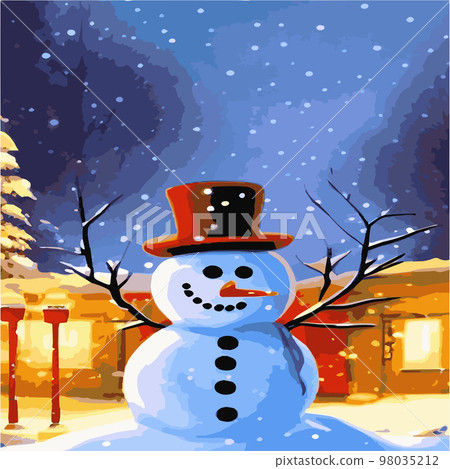 Vector illustration of a winter Christmas snowman with gifts, Christmas snow background. Christmas card with funny snowman in Santa Cap with gift boxes against winter forest 98035212