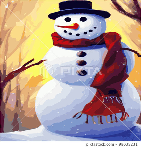 Vector illustration of a winter Christmas snowman with gifts, Christmas snow background. Christmas card with funny snowman in Santa Cap with gift boxes against winter forest 98035231