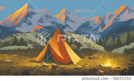 Sunny day landscape illustration in flat style with tent, campfire, mountains, forest water banner illustration. Background for summer camp, nature tourism, camping hiking design. vintage camp style  98035250