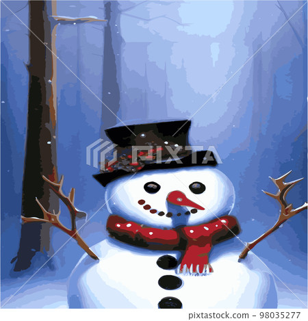 Vector illustration of a winter Christmas snowman with gifts, Christmas snow background. Christmas card with funny snowman in Santa Cap with gift boxes against winter forest 98035277
