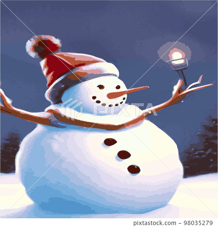 Vector illustration of a winter Christmas snowman with gifts, Christmas snow background. Christmas card with funny snowman in Santa Cap with gift boxes against winter forest 98035279