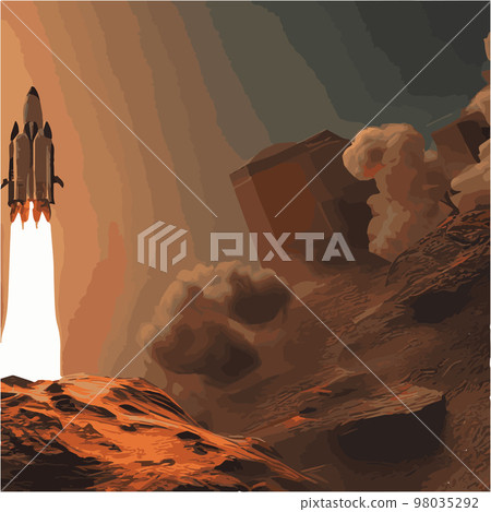 The outer space launch system takes off. Vector illustration , astronomy, space exploration, colonization of Mars. Space adventure. First colonies. Terraforming. Modern flat design. The outer space launch system takes off. Vector illustration , astronomy, space exploration, colonization of Mars. Space adventure. First colonies. Terraforming. Modern flat design. 98035292
