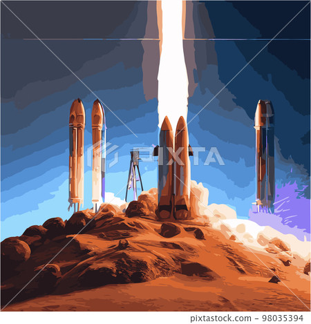 The outer space launch system takes off. Vector illustration , astronomy, space exploration, colonization of Mars. Space adventure. First colonies. Terraforming. Modern flat design. The outer space launch system takes off. Vector illustration , astronomy, space exploration, colonization of Mars. Space adventure. First colonies. Terraforming. Modern flat design. 98035394
