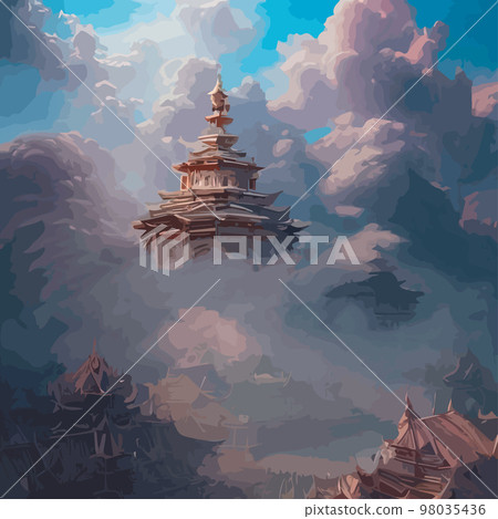 Creative illustration and innovative art: Ancient Chinese Temple in the clouds on a rocky mountain. background for a holiday card Creative illustration and innovative art: Ancient Chinese Temple in the clouds on a rocky mountain. background for a holiday card 98035436