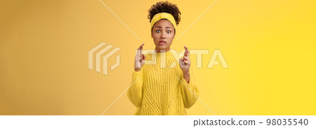 Nervous unsure hesitant young girl hope get fortune luck cross fingers biting lip worried anxiously look camera afraid bad results waiting important news hope receive scholarship, win lottery Nervous unsure hesitant young girl hope get fortune luck cross fingers biting lip worried anxiously look camera afraid bad results waiting important news hope receive scholarship, win lottery 98035540