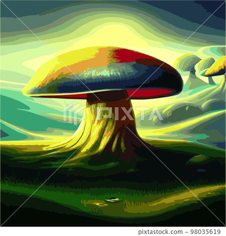 surreal mushroom landscape, vector illustration. Psychedelic art with mushrooms. Abstract poster design. Surreal graphic abstraction. Fantastic wonderland landscape with mushrooms surreal mushroom landscape, vector illustration. Psychedelic art with mushrooms. Abstract poster design. Surreal graphic abstraction. Fantastic wonderland landscape with mushrooms 98035619