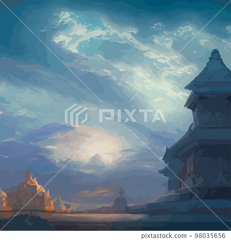 Creative illustration and innovative art: Ancient Chinese Temple in the clouds on a rocky mountain. background for a holiday card Creative illustration and innovative art: Ancient Chinese Temple in the clouds on a rocky mountain. background for a holiday card 98035656