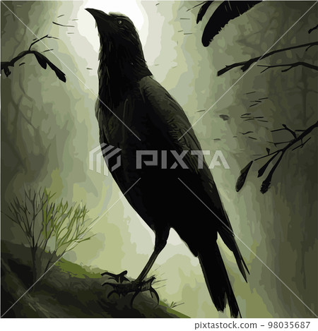 portrait Mystical Dire Bird Crow, Symbol of Gothic, Halloween, fear, by black crows terrible foggy forest. SET vector illustration. Unconditional wild animals drawings crows black silhouette 98035687