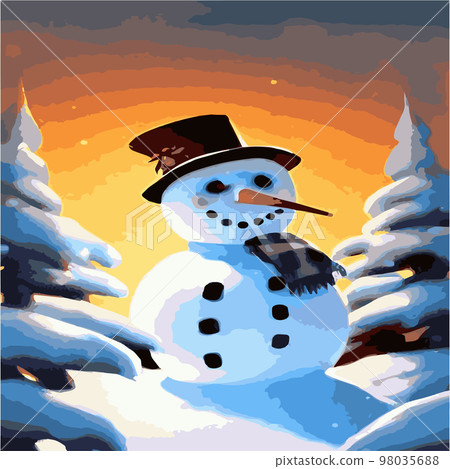 Vector illustration of a winter Christmas snowman with gifts, Christmas snow background. Christmas card with funny snowman in Santa Cap with gift boxes against winter forest 98035688