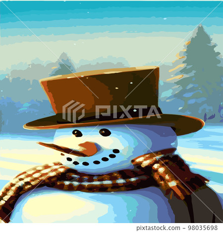 Vector illustration of a winter Christmas snowman with gifts, Christmas snow background. Christmas card with funny snowman in Santa Cap with gift boxes against winter forest 98035698