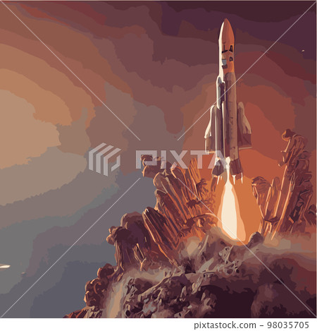 The outer space launch system takes off. Vector illustration , astronomy, space exploration, colonization of Mars. Space adventure. First colonies. Terraforming. Modern flat design. 98035705