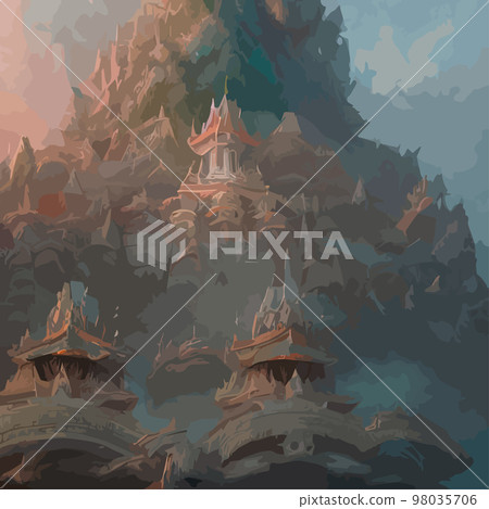 Creative illustration and innovative art: Ancient Chinese Temple in the clouds on a rocky mountain. background for a holiday card 98035706