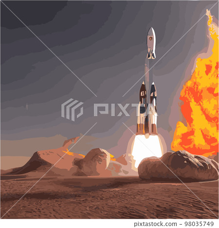 The outer space launch system takes off. Vector illustration , astronomy, space exploration, colonization of Mars. Space adventure. First colonies. Terraforming. Modern flat design. 98035749