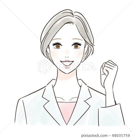 A woman in a white coat with a guts pose cheering with a smile 98035759