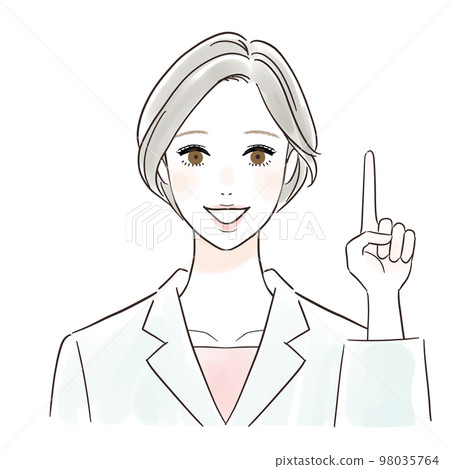 A woman in a white coat pointing with a smile A woman in a white coat pointing with a smile 98035764